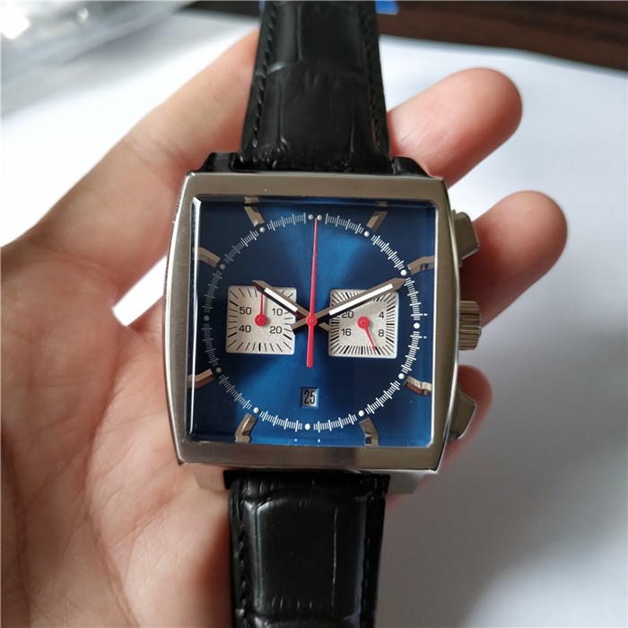 

Mans sport watch quality Male watches Quartz Stopwatch Chronograph wristwatch Blue dial black Leather strap 013, All black