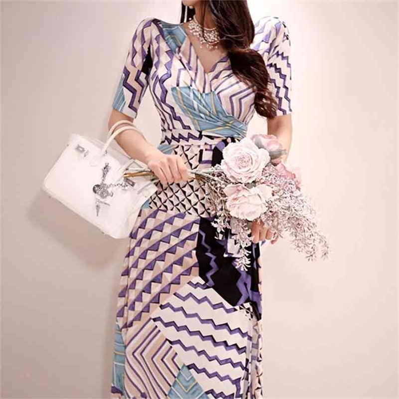 

Summer Printing Long Dress Women's V Neck Vintage Lace Up High waist Sexy split Vacation Party Bohemian 210603, Picture color