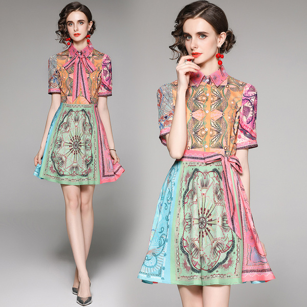 

Quality Printed Runway Button Shirt Dress 2021 Fashion Short Sleeve Lapel Slim Prom Ladies Designer A-Line Dresses Summer Autumn Office Party Holiday Women Clothes, 04