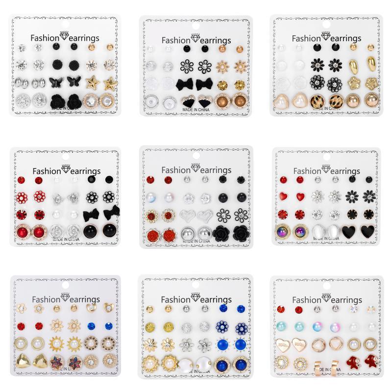

Stud 12 Pair Mixed Pearl Rhinestone Earring For Women Fashion Simple Flower Heart Butterfly Earrings Wedding Party Jewelry, Golden;silver