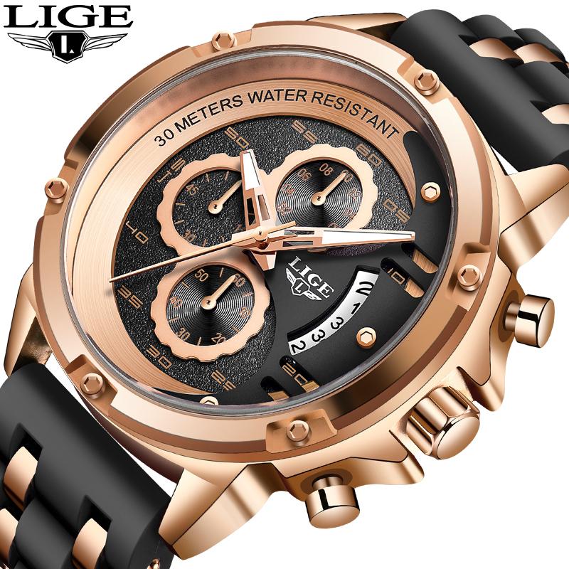 

Wristwatches Relogio Masculino 2021 LIGE Mens Watches Top Watch Men Big Dial Date Waterproof Quartz Clock Sport Chronograph, All black