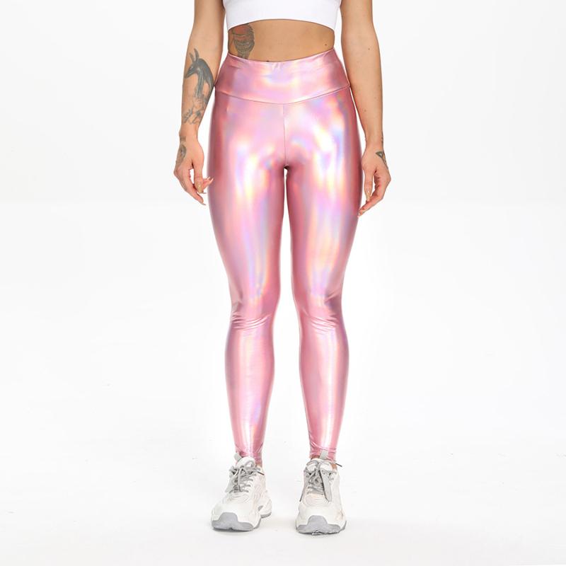 

Yoga Outfit Elastic Colorful Pants Peach Hip Fitness Women' Laser Leather Breathable Sports Trousers Seamless Training Tights Leggings, Pink