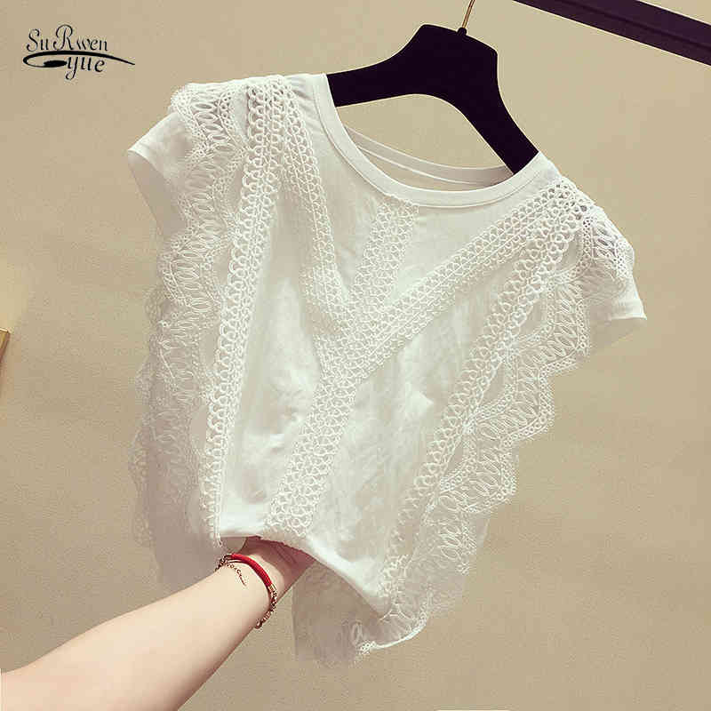 

Korean Style Women Summer  Tops and Blouses Lace Patchwork Short Sleeve Solid Shirt Blouse Blusas 4835 50 210521, Black