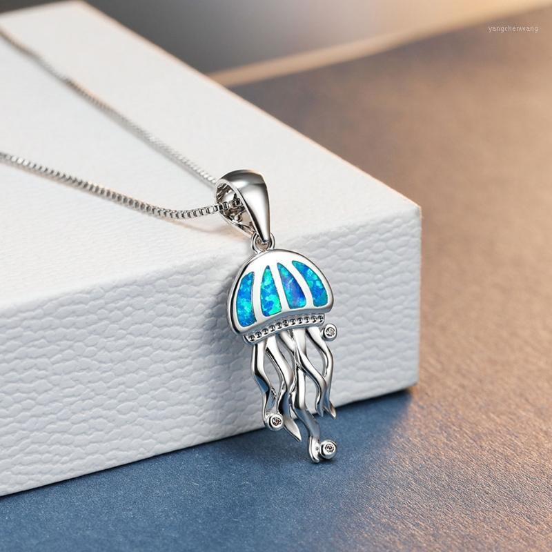

Chains J60E Dainty Silver Color Women Chain Necklace Vintage Fashion Jellyfish Pendant Cute Female Blue Opal Necklaces
