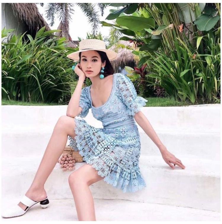 Casual Dresses High Quality Spring Summer Self Portrait Women Vintage O-neck Short Puff Sleeve Blue Lace Mini Vestido E1L7-image-699540930