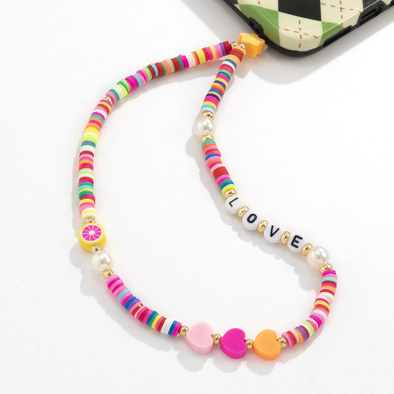 

Creative Colorful Fruit Heart Shaped Tassel Mobile Phone Charms Ethnic Color Geometric Soft Pottery Handmade Phone-Chain Acrylic Letters Accessories Jewelry Gift