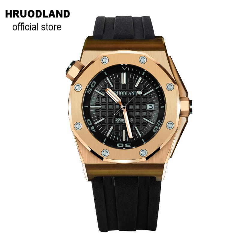 

Wristwatches Hruodland Miyota 9015 Bronze Black Automatic Men Luxury Watches Sapphire Crystal See Through Back Mechanical Diving Wrist Watch