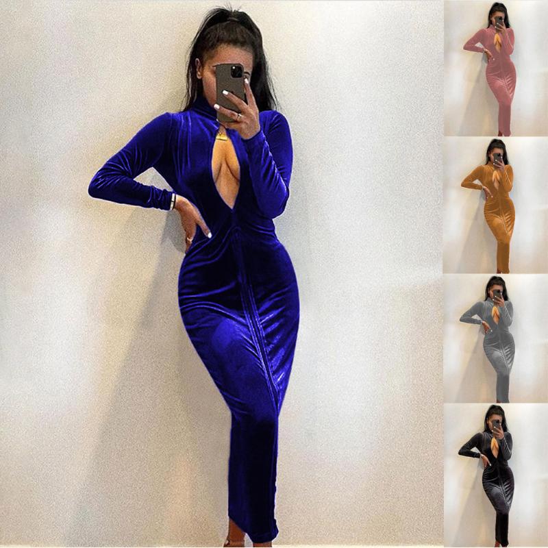 

Casual Dresses Spring Autumn Women Fashion High-Neck With Button Velvet Maxi Dress Sexy Ladies Hollow Out Party Club Bodycon Vestidos, Ginger