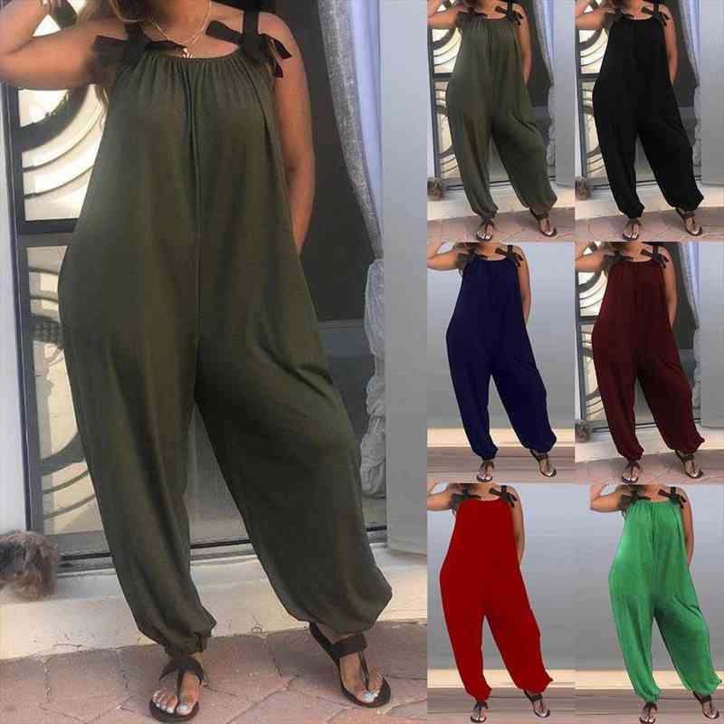 

casual loose women solid color bow strap sleeveless jumpsuit long pants romper womens bib sweet christmas, Black;white