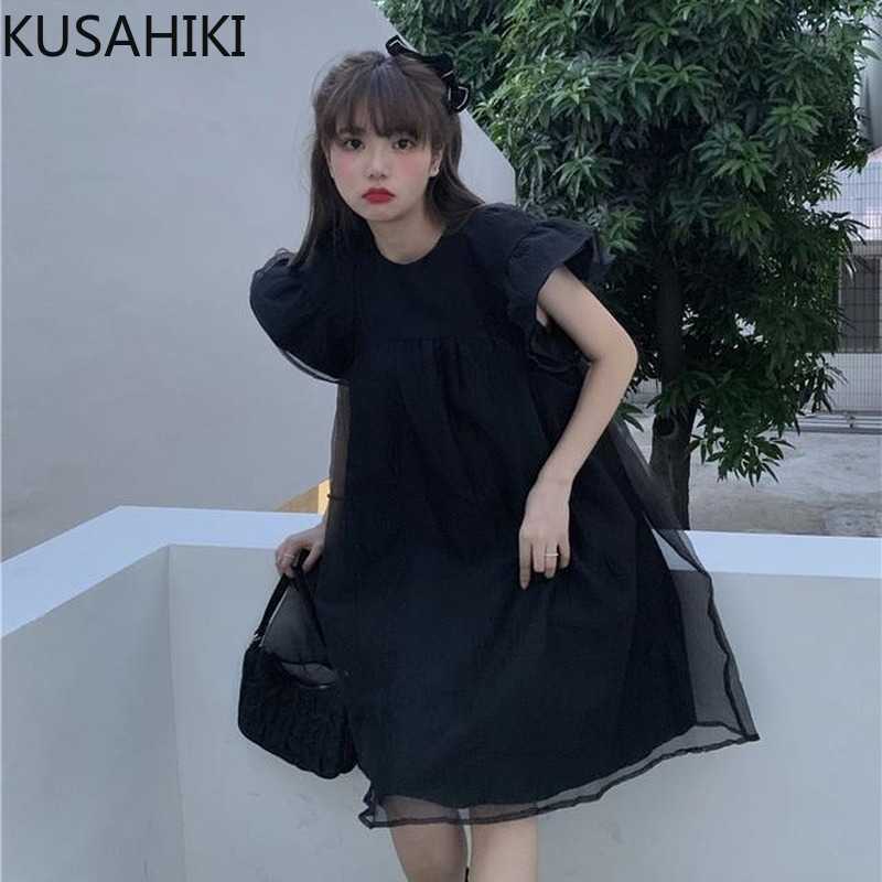 

KUSAHIKI 1 Summer Sweet Woman Dress Mesh Patchwork Short Sleeve O-neck Vestidos Femme High Waist A-line Dresses 6J616 210602, Black