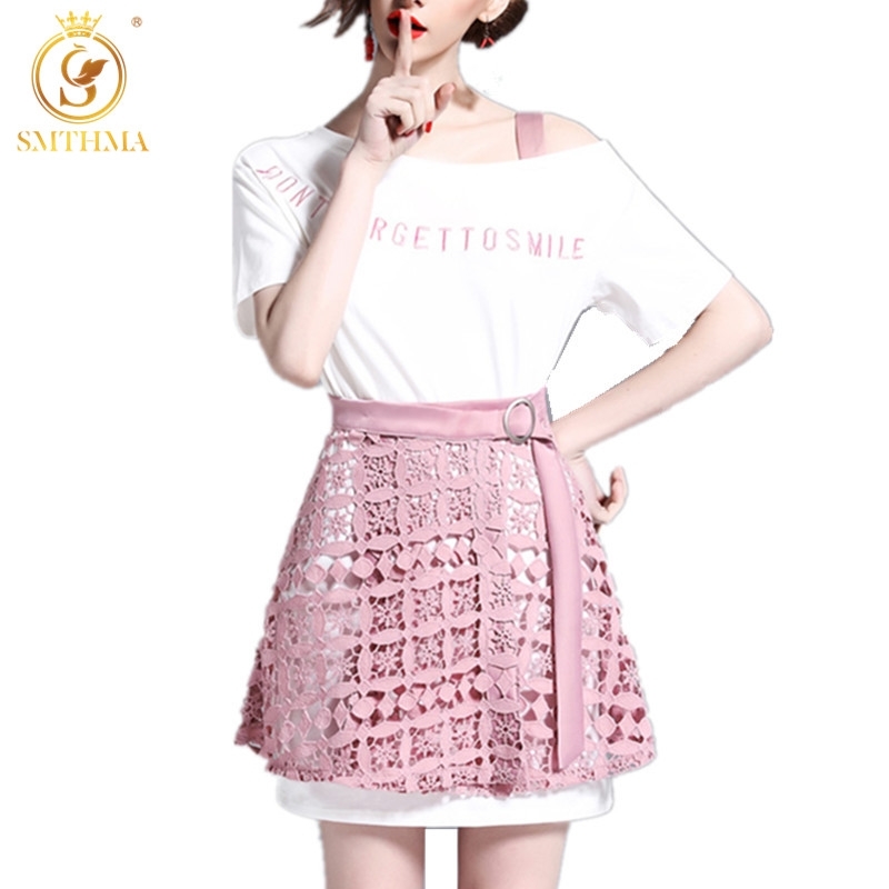 

Summer Fashion Small Fragrant Wind Embroidery Letter White Dress+Pink Lace Two Piece Skirt Set 210520, Picture color