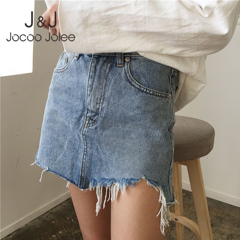 

Jocoo Jolee Women Casual High Waist Irregular Hem Denim Skirts Female High Street Pencil Skirt Summer Mini Jeans Skirt 210518, As photo