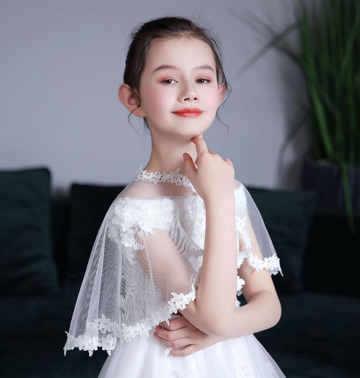 Jackets Kids Girls White Beige Tulle Mesh Wraps Lace Children Bolero Short Wedding Jacket Summer Shawls Cape Cover Over Shoulders-image-733223118
