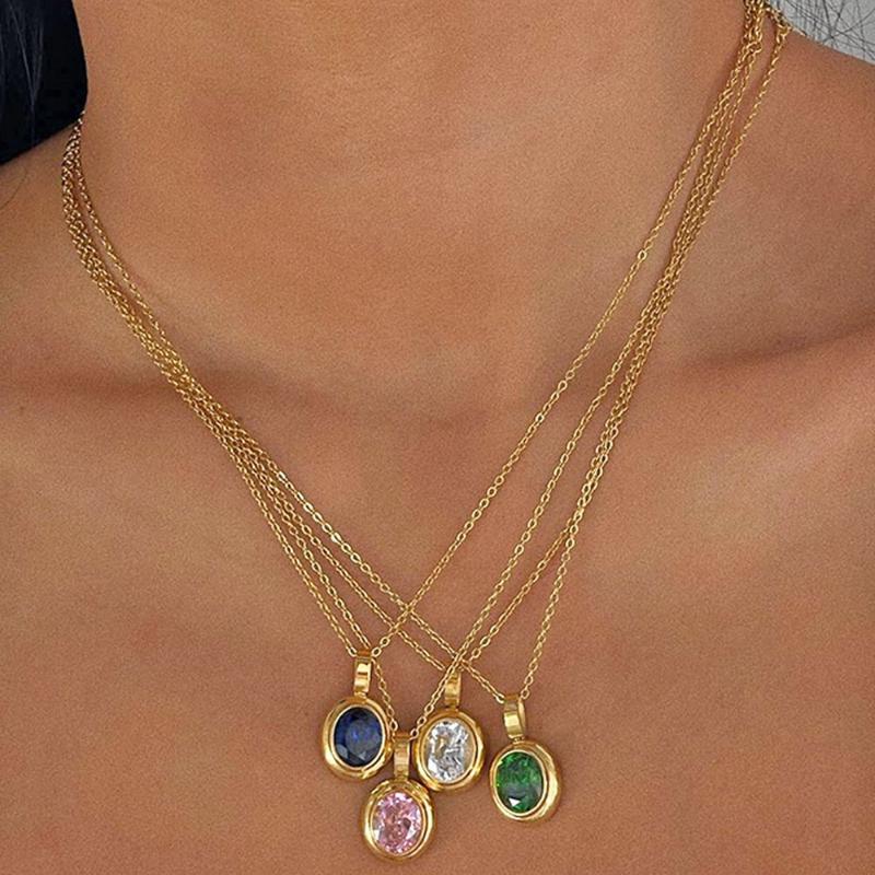 

Chokers 1PC Stainless Steel 18K Gold Filled Oval Gemstone Necklace For Women Medal Pendant Choker Delicate Charm Ins Jewelry