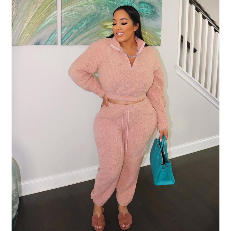 

Women's Two Piece Pants Winter Fall Women Fleece Warm 2 Sets Casual Outfits Tracksuit Long Sleeve Sweatshirt Zipper Tops+Jogger Streetwear, White