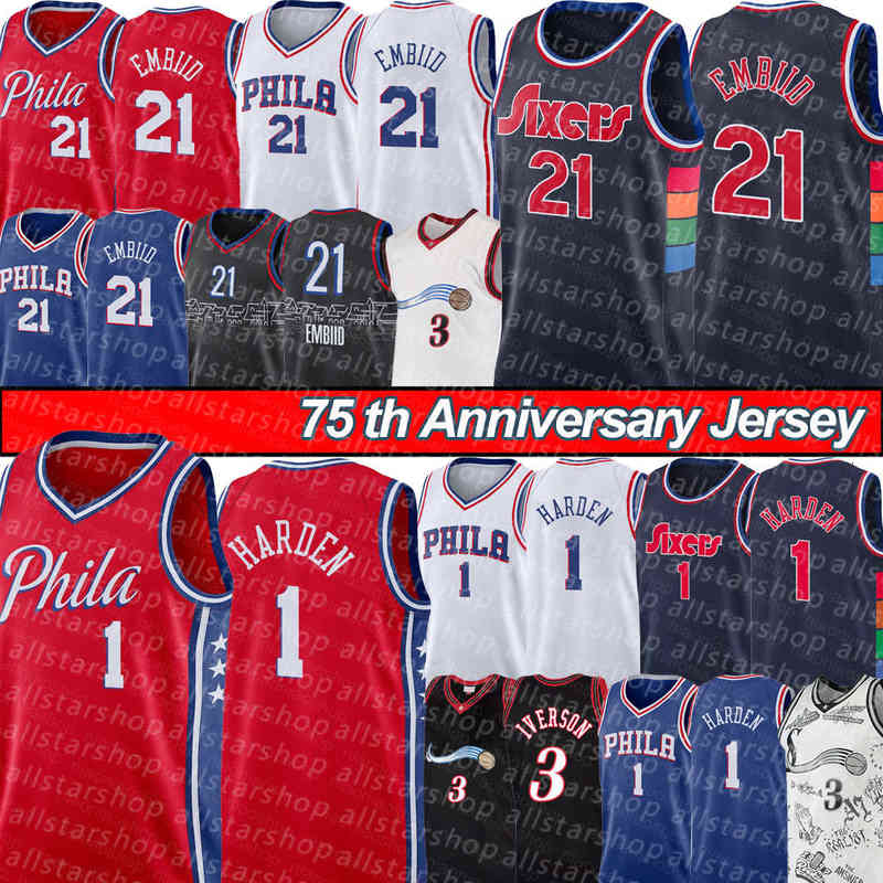 

NB James 1 Harden Joel 21 Embiid Basketball Jersey philadelphia''76ers''retro allen 3 iverson jerseys Julius 6 Erving Shirt 75th Anniversary, Retro jersey