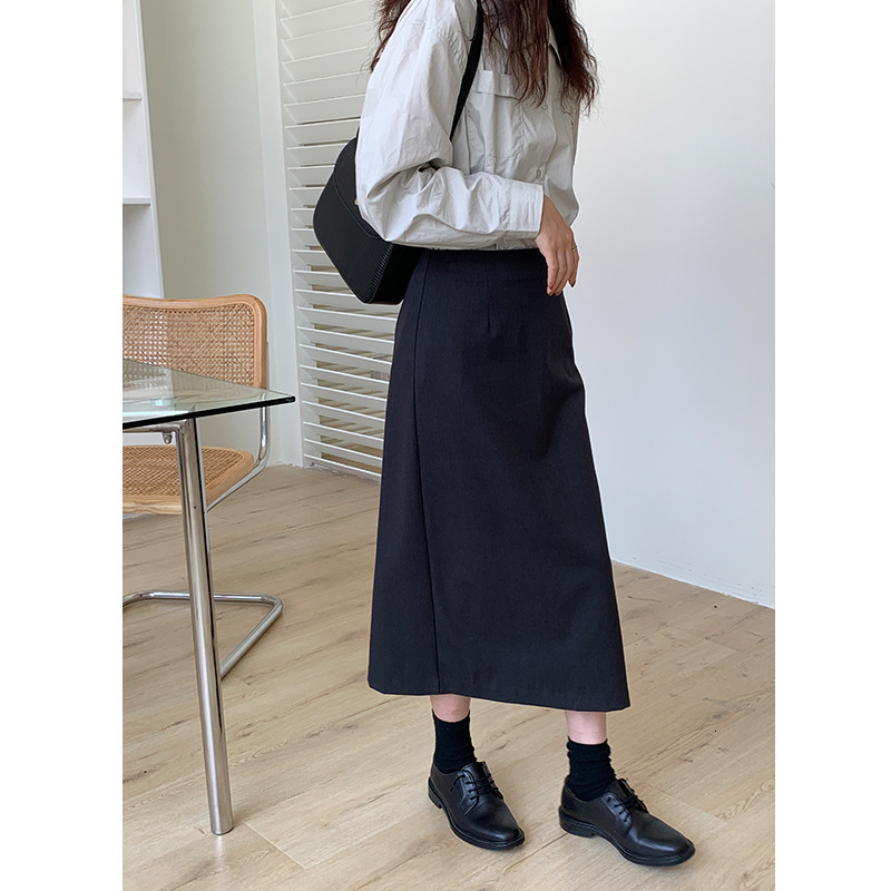 Skirts Texture Neola Medium Length High Waist Autumn Korean Fashion Versatile Slim Over Knee A-line Skirt-image-728342384