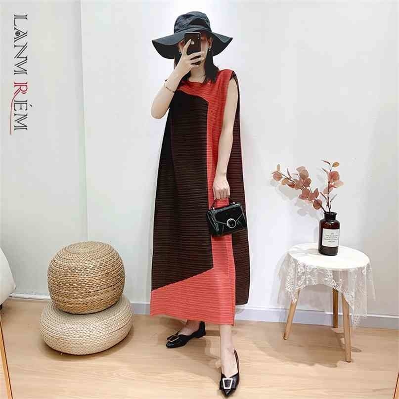 

Patchwork Pleated Dresses For Famale Summer Loose Large Size Sleeveless Round Collar Dress Women YJ693 210526, Orange