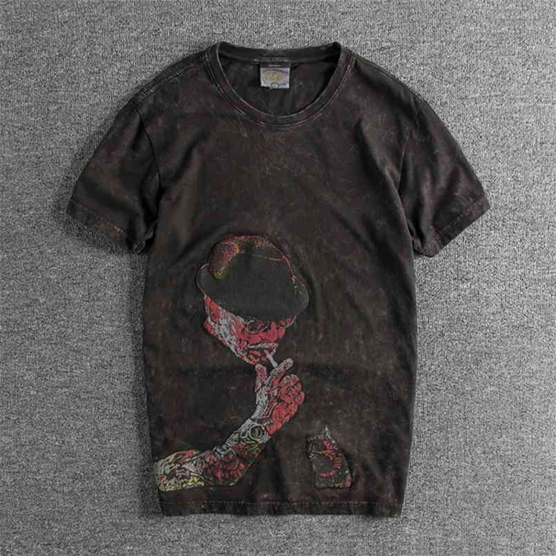 

Men Summer Fashion Vintage Style Short Sleeve Round Neck Cotton T-shirt Male Smoking Printed Casual Chic Pullover Top Simple Tee 210707, Coffee