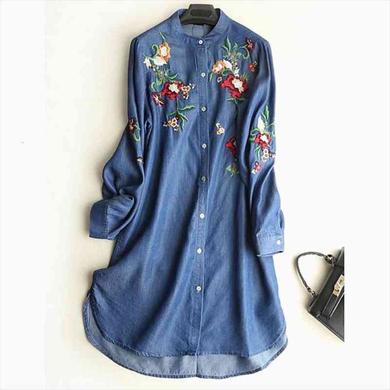 

Plus Size  5xl Women Dresses Autumn Casual Elegant Embroidery Long Sleeve O Neck Loose Denim Blue Streeetwear Vestido, Black;gray