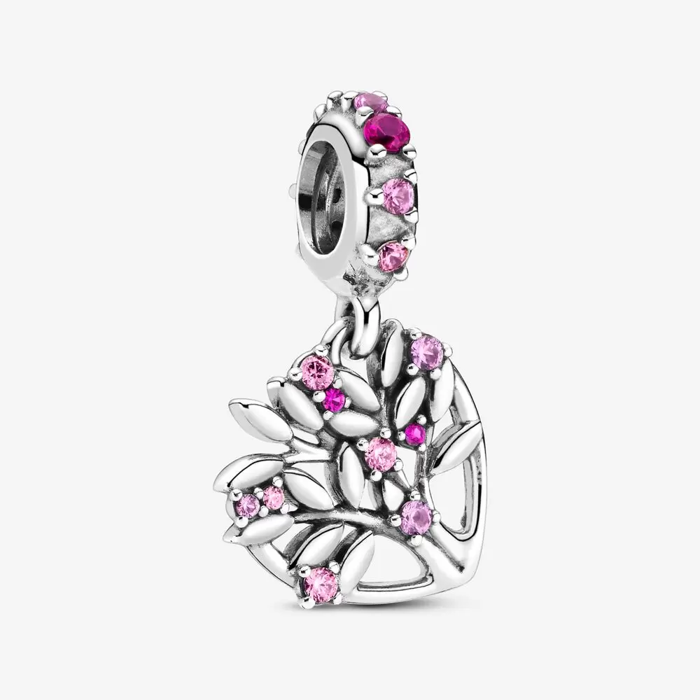 

New Arrival 100% 925 Sterling Silver Pink Heart Family Tree Dangle Charm Fit Pandora Original European Charm Bracelet Fashion Jewelry