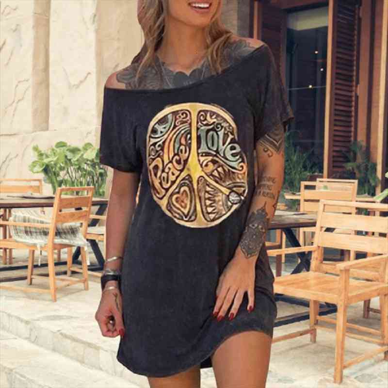 

summer casual black color vintage print women dress ladies short sleeve off shoulder cotton women dress plus size loose, Black;gray