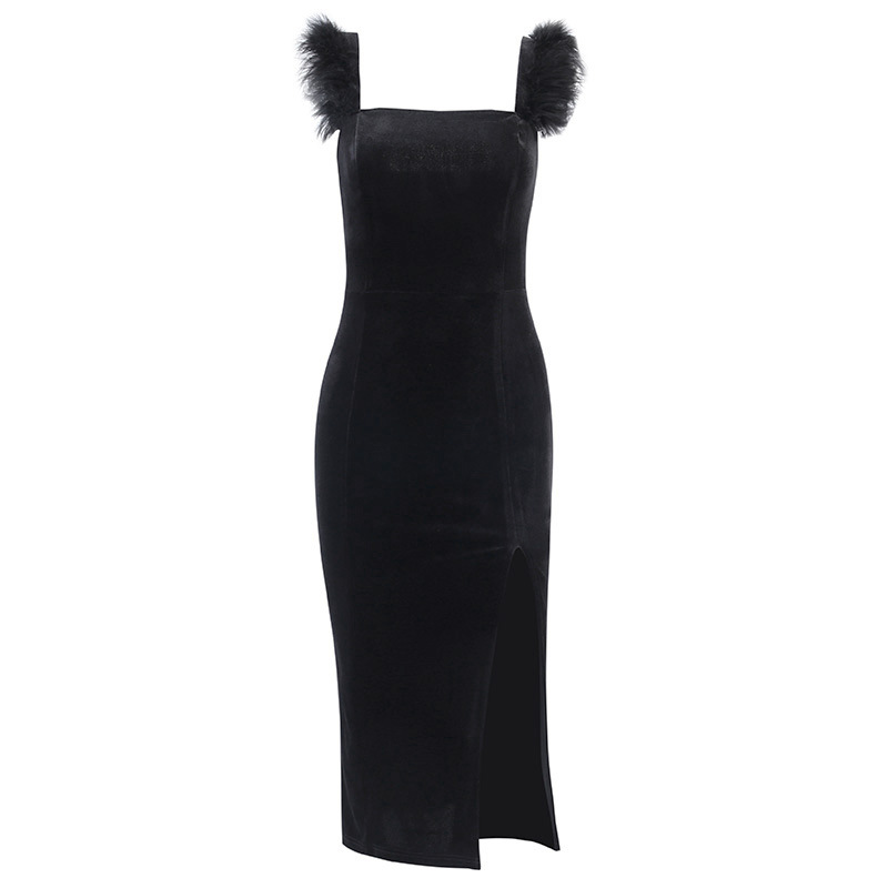 

2021ashgaily 2021 new velvet dress women sleeveless dress solid feathers bodycon clothes party club outfits femme, Black;gray