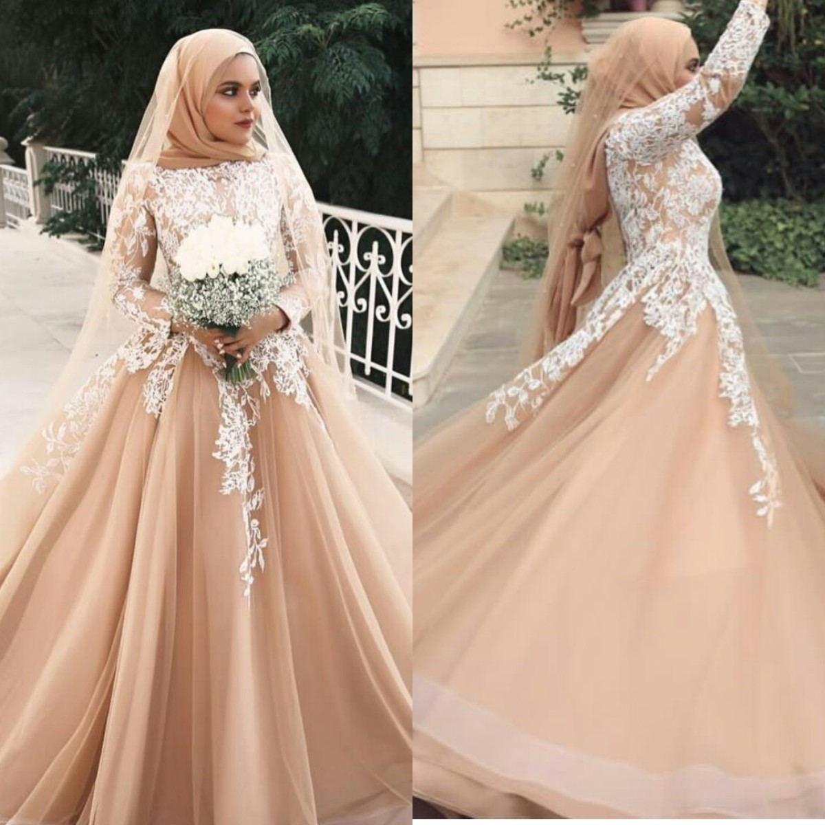 

Champagne Muslim A Line Wedding Gowns Moroccan Kftan Long Sleeves Lace Appliqued Bridal Dresses 2021 Tulle Sweep Train Vestidos De Novia Plus Size Marraige AL9111, Ivory