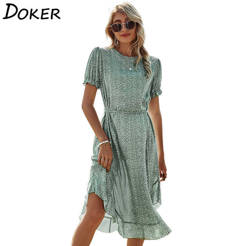 

Floral Printed O-neck Short Sleeve Casual Drawstring A-line Knee-length Green Dress High Waist Lace-up Irregular Ruffle 210604