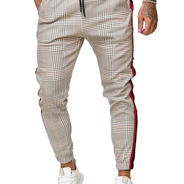 

New Mens Houndstooth Print Male Side Stripes Color Matching Slim Fit Sweatpants Joggers Track Pants Overalls, Opp bag (not product)