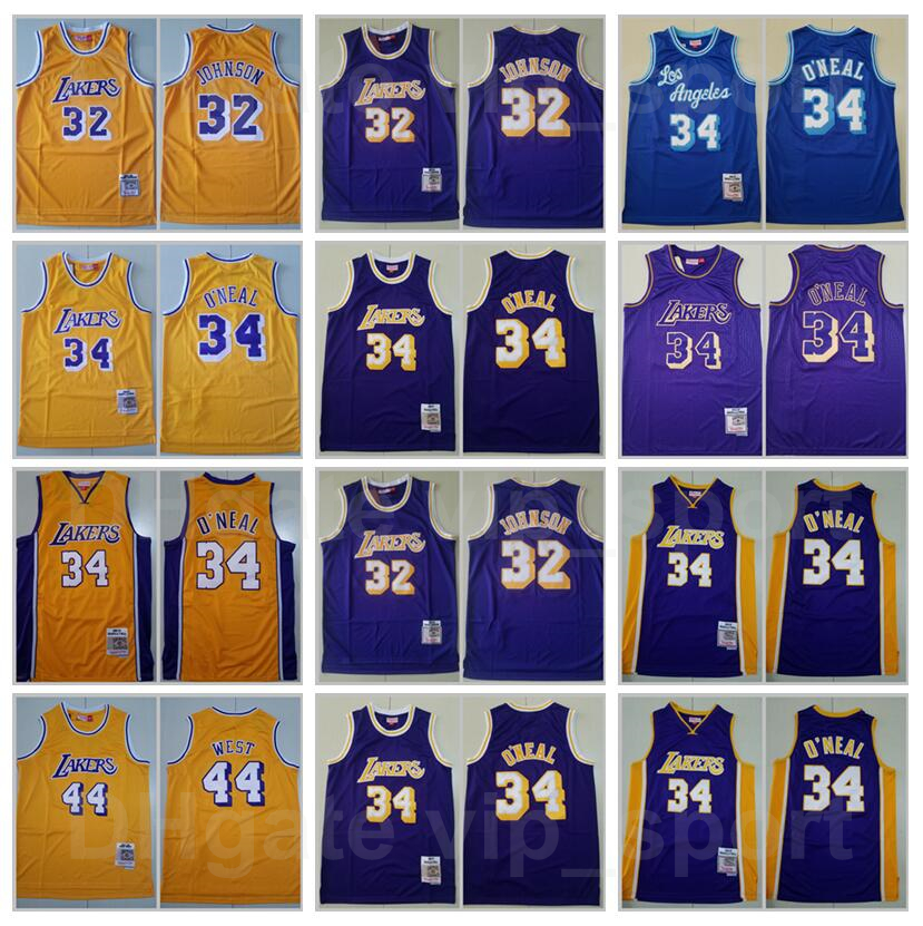 

Mitchell and Ness Basketball Johnson Jersey 32 Shaquille ONeal 34 Jerry West 44 Yellow Purple Blue Vintage Men 1996 1997 1971 1972, Black;red