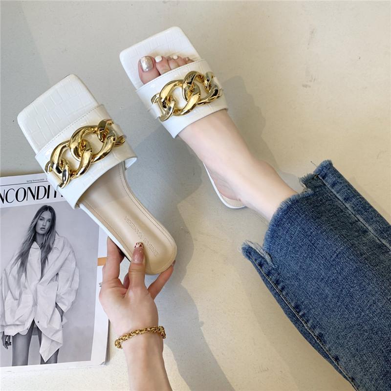 

Slippers COOTELILI 2021 Fashion Woman Summer Flats 2cm Heel Shoes For Women Square Toe Black And White Basic 35-40