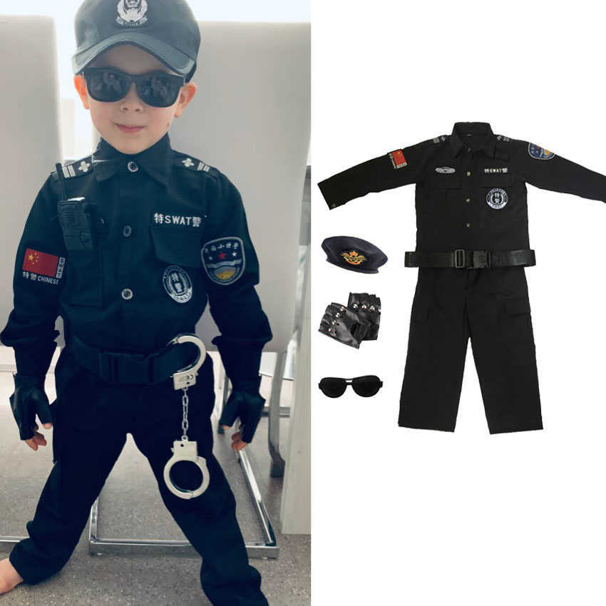 

Children Halloween Traffic Special Police Costumes Kids Boys Army Policemen Cosplay Clothing Sets Party Carnival Police Uniform Q0910, Long3pcs