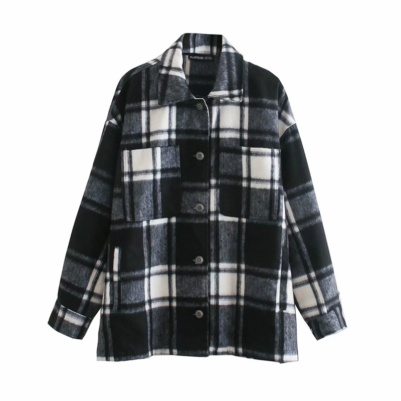 

Vintage Stylish Loose Black And White Plaid Jacket Coat Women Fashion Lapel Collar Long Sleeve Loose Chic Top 210520, Multi