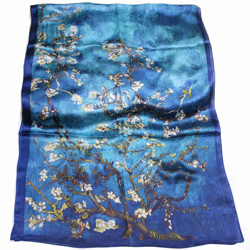 

100% Natural Silk Scarf Women Van Gogh Oil Painting Bandana Gifts for Ladies Spring Apricot Tree Digital Print Shawl Foulard