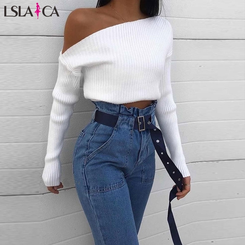 

Lslaica Women's knitted blouses white skew collar long sleeve casual fashion bottoming elegant slim office blouse 210520
