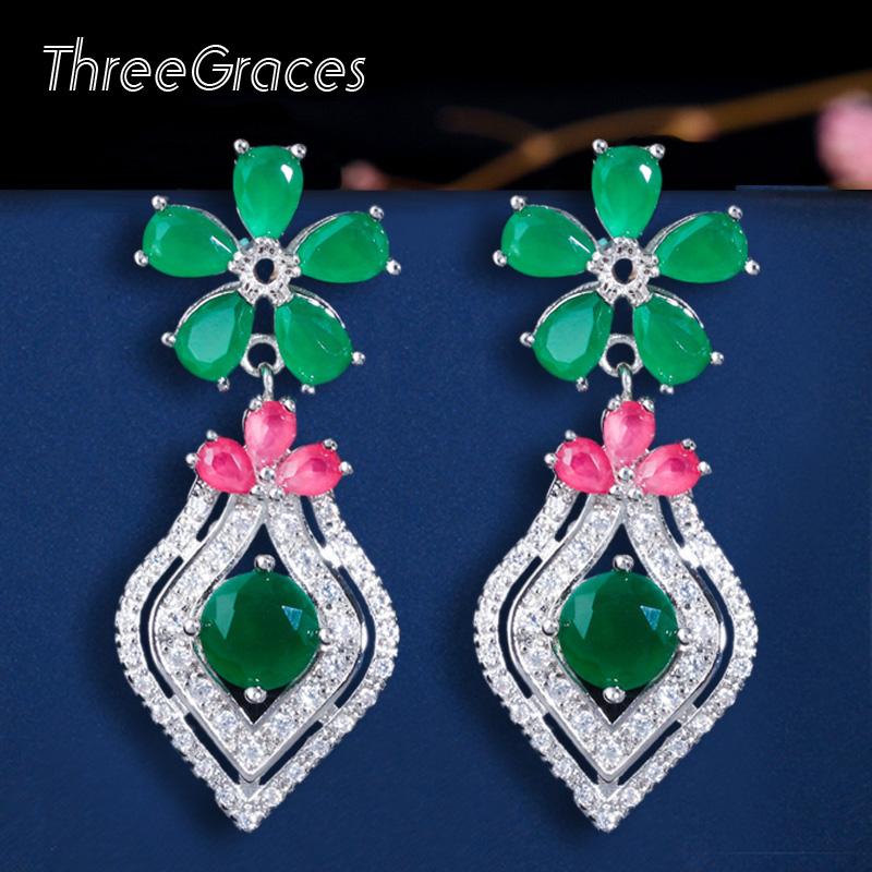 

Dangle & Chandelier ThreeGraces Trendy Silver Color Green Red Cubic Zirconia Long Big Flower Earrings For Women Christmas Party Gift ER376