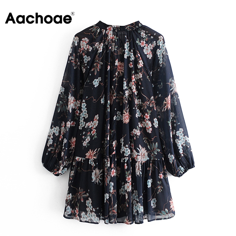 

Women Floral Print Chiffon Dress Batwing Long Sleeve Beach Mini Dress Back Bow Tie Chic Pleated Dress Vestidos Mujer, Black;white