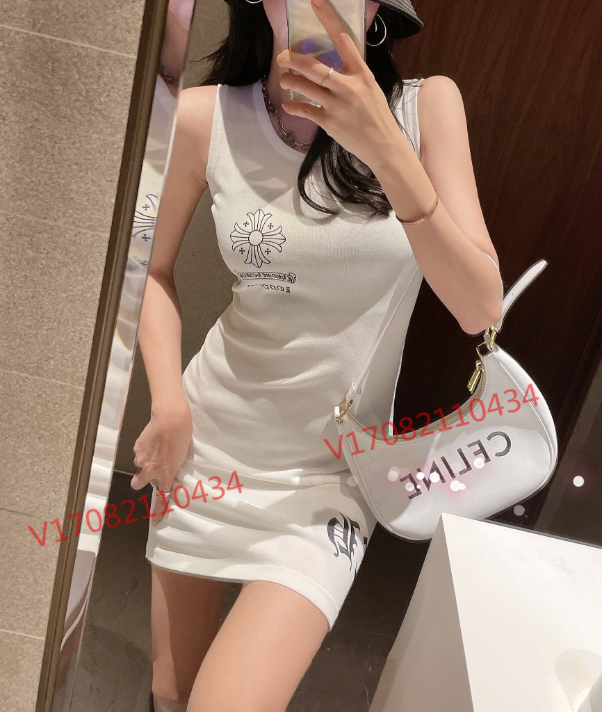 

Crosin Cross Fashion Chrome Sanskrit Hearts Alphabet Print Slim Fitting Sleeveless Dress Vest Skirt T-shirt, White