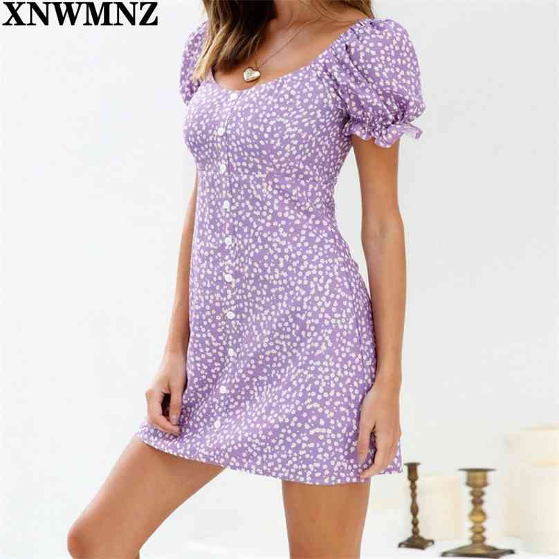 

Women France White Daisy Print Purple Vestidos Vintage Button Summer Dresses Fashion Short Sleeve Women's Mini Dress 210520