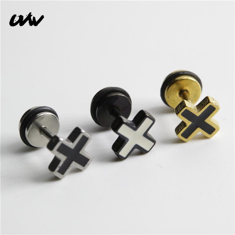 

Stud UVW098 2pc Stainless Steel Cross Design Oil-drip Earrings Ear Plug Piercing Jewelry Pendientes Brincos Punk
