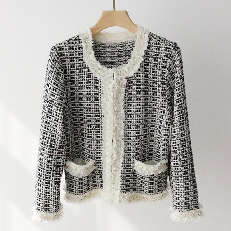 

Women's Jackets High Quality Women Fashion Winter Spring Elegant Ladies Sweet Cute Diamond Pearl Wool Cotton Knit Cardigan Short Jacket Coat, Black;brown