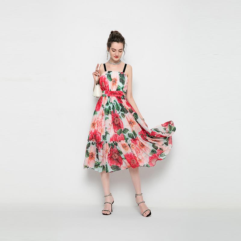 

Casual Dresses Runway Summer Red Rose Printed Sexy Backless Spaghetti Strap Dress Women' 210319UL02