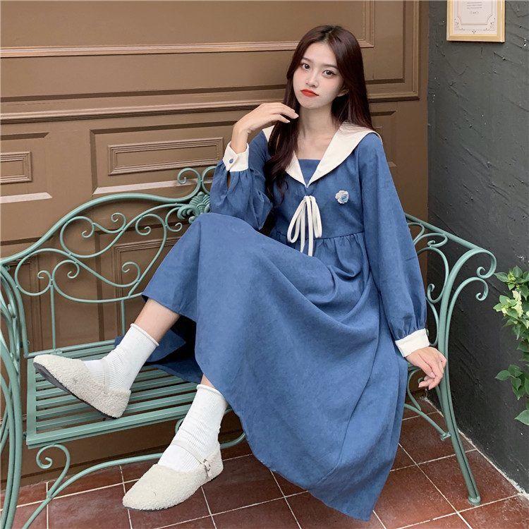 

Casual Dresses TSXT Plus-size Women Autumn/Winter 2021 Long Sleeve Navy Collar Teen Style Elegant Straight Tube Blue Dress