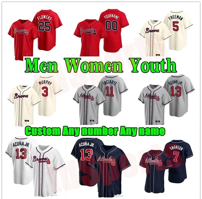 

2021 Men Women youth Jerseys 13 Ronald Acuna Jr. Freddie Freeman Dansby Swanson Cole Hamels Brave 1 Ozzie Albies Chipper Jones, Blue;black