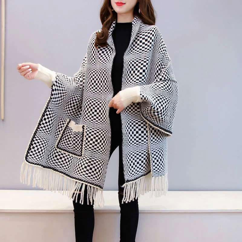 

Scarves Wholesale Fashion Winter Warm Women Mink Velvet Plaid Shawl With Sleeves Soft Knitted Pocket Sweater Tassel Pashmina Poncho Cape