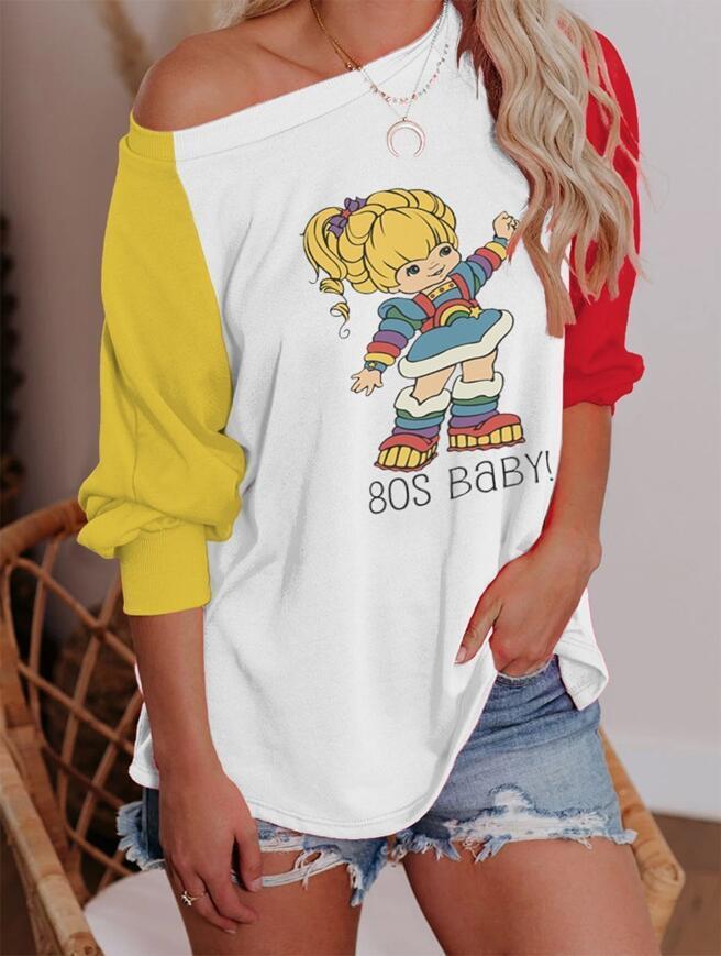

Women' T-Shirt Summer Women T Shirt Patchwork Raglan 3/4 Sleeve O Neck Cartoon Printed Loose Tees Casual Lady Tops