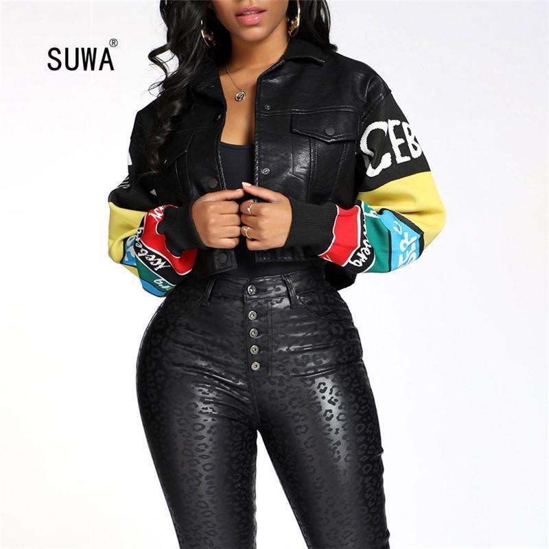 

Contrast Letter Print Classic Black PU Leather Bomber Jacket O Neck Zipper Long Sleeve Cool Women Tunic Short Coat High Street1