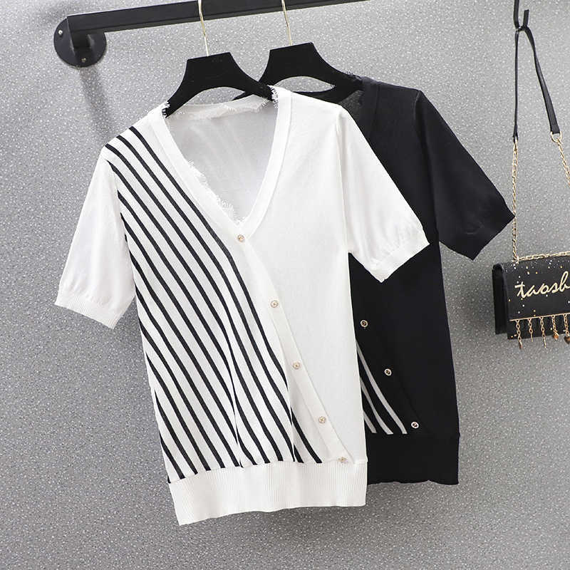 

Oversize Knitted Sweater Women Fashion Chic Sexy V Neck Cross Front Irregular Jumper Women Pullover Stripe Color Black White 210604