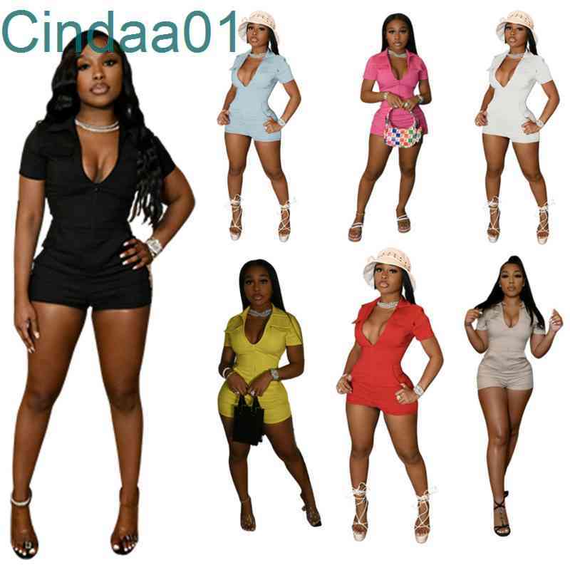 

Women Jumpsuits Designer Onesies Slim Sexy Summer Zipper Bodysuit V-neck Sleeveless One Piece Pants Casual Solid Color Rompers 7 Colours, Yellow